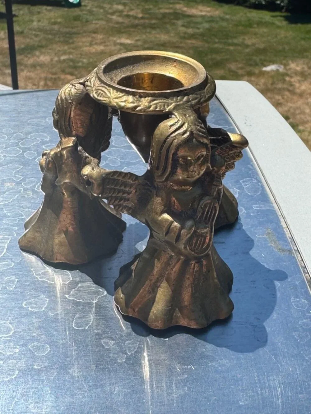 Vintage Brass Angel Trio Candle Holder 4 Inches Tall Ornate Design Rustic Cherub